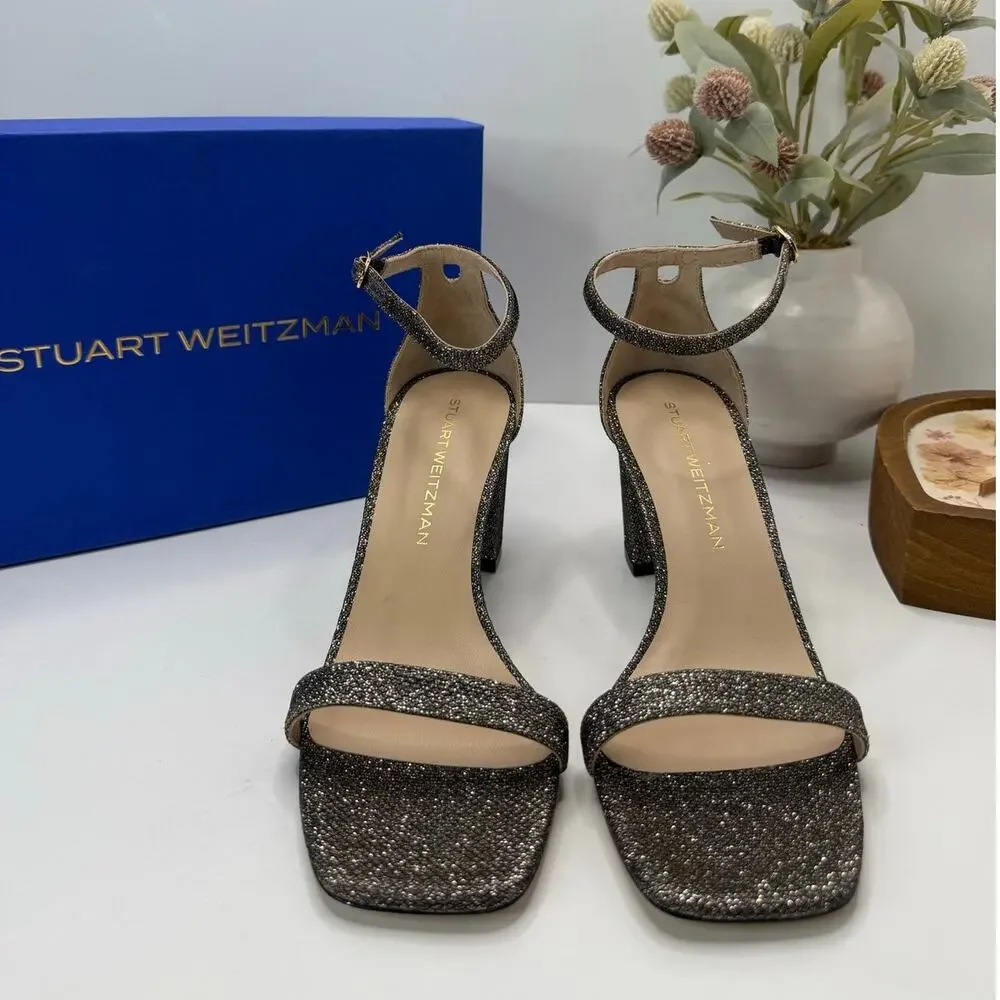 Stuart Weitzman Nudistcurve 75 Block Ankle Strap Sandal New Pyrite Women's 9B